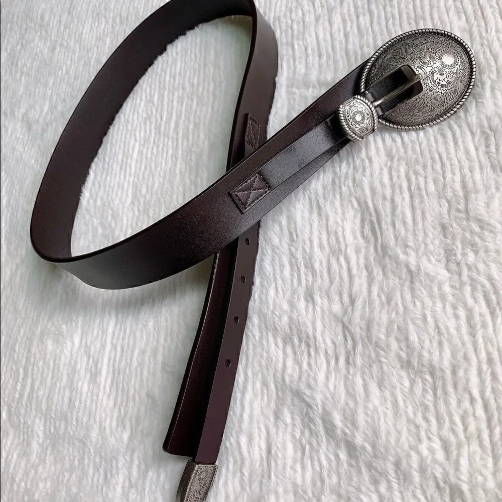 Vintage Style Genuine leather Belt with Floral Engraved Pattern Buckle